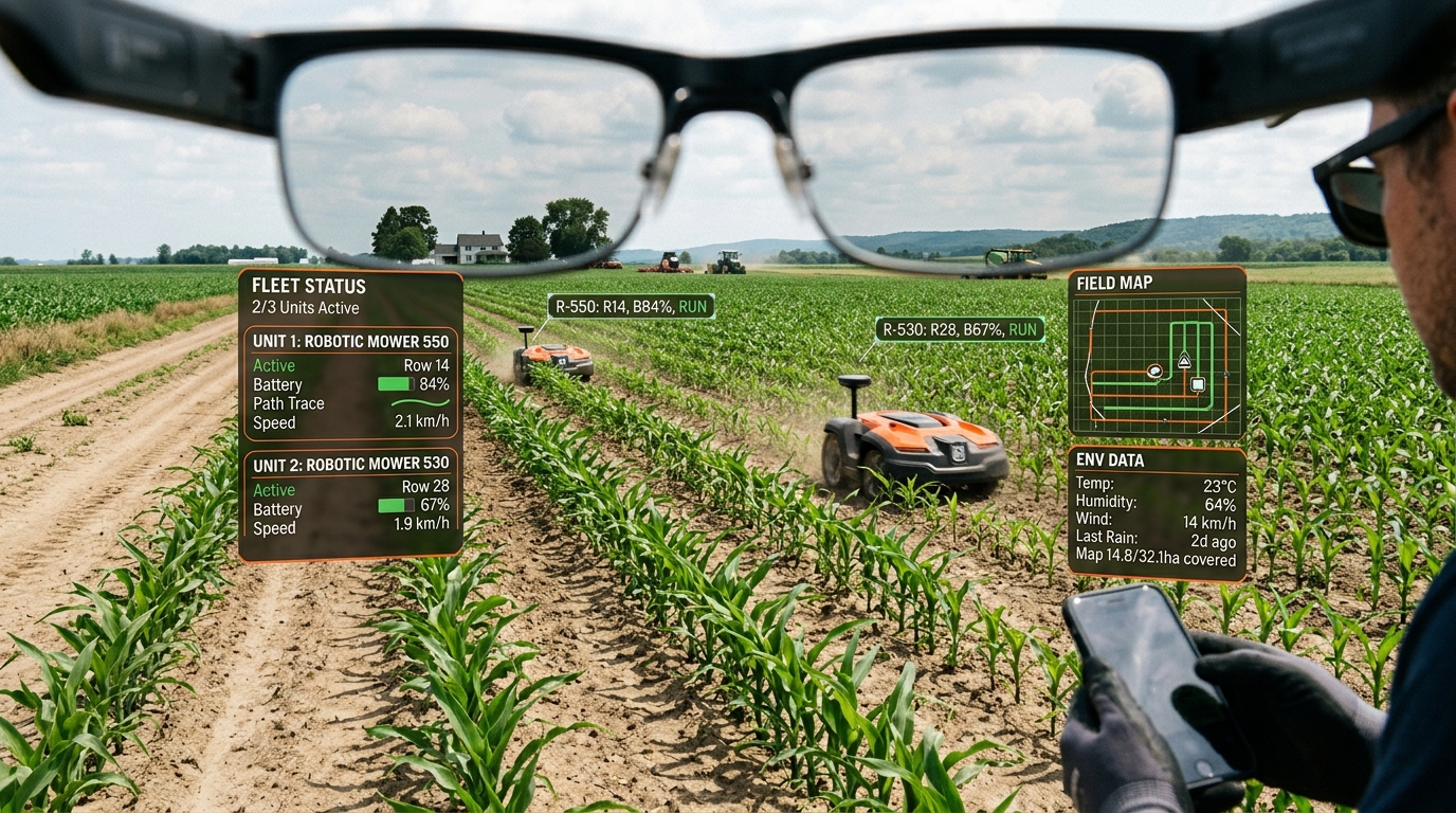 Concept art: farmer with an AR fleet-status overlay for robotic mowers