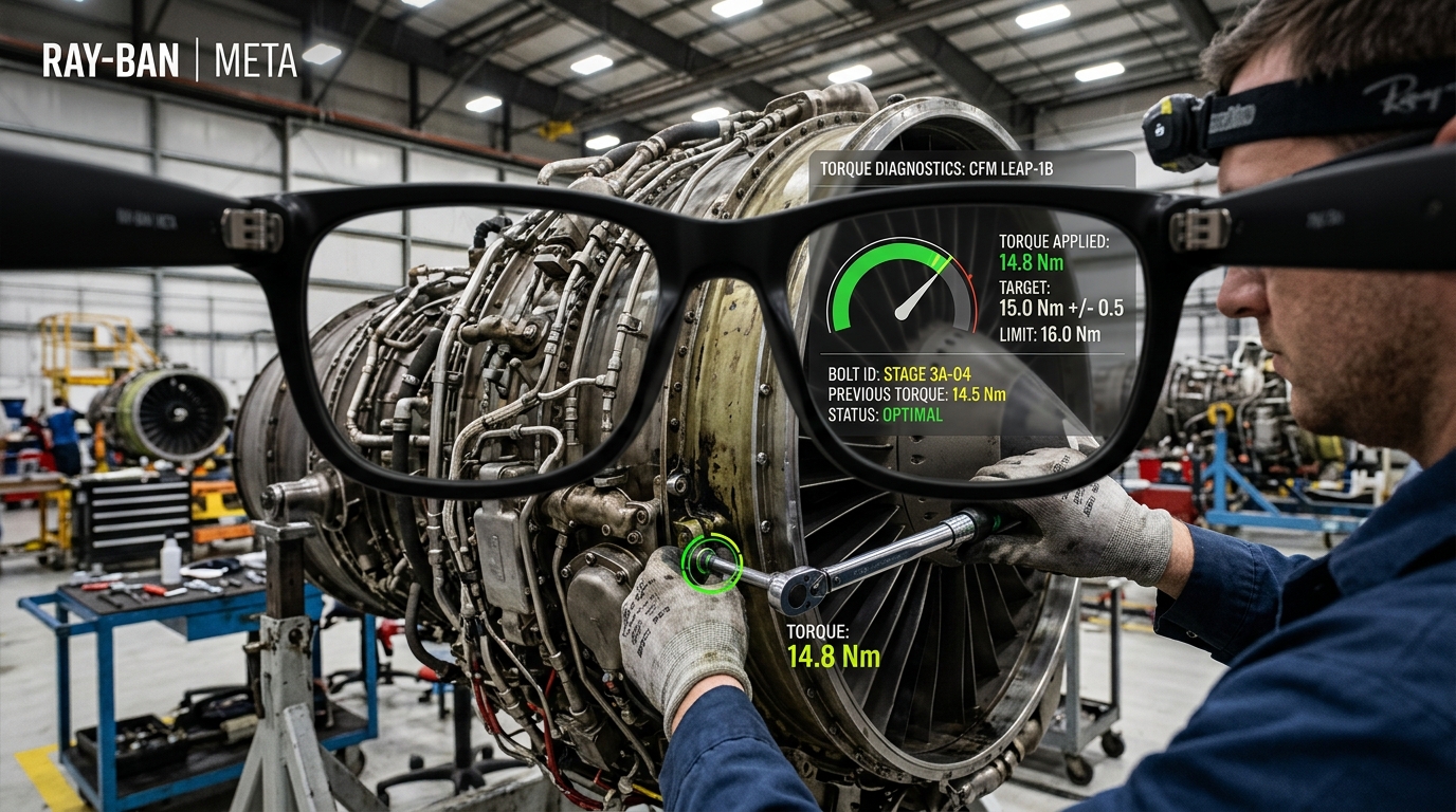 Concept art: aircraft mechanic with an AR engine-diagnostics overlay