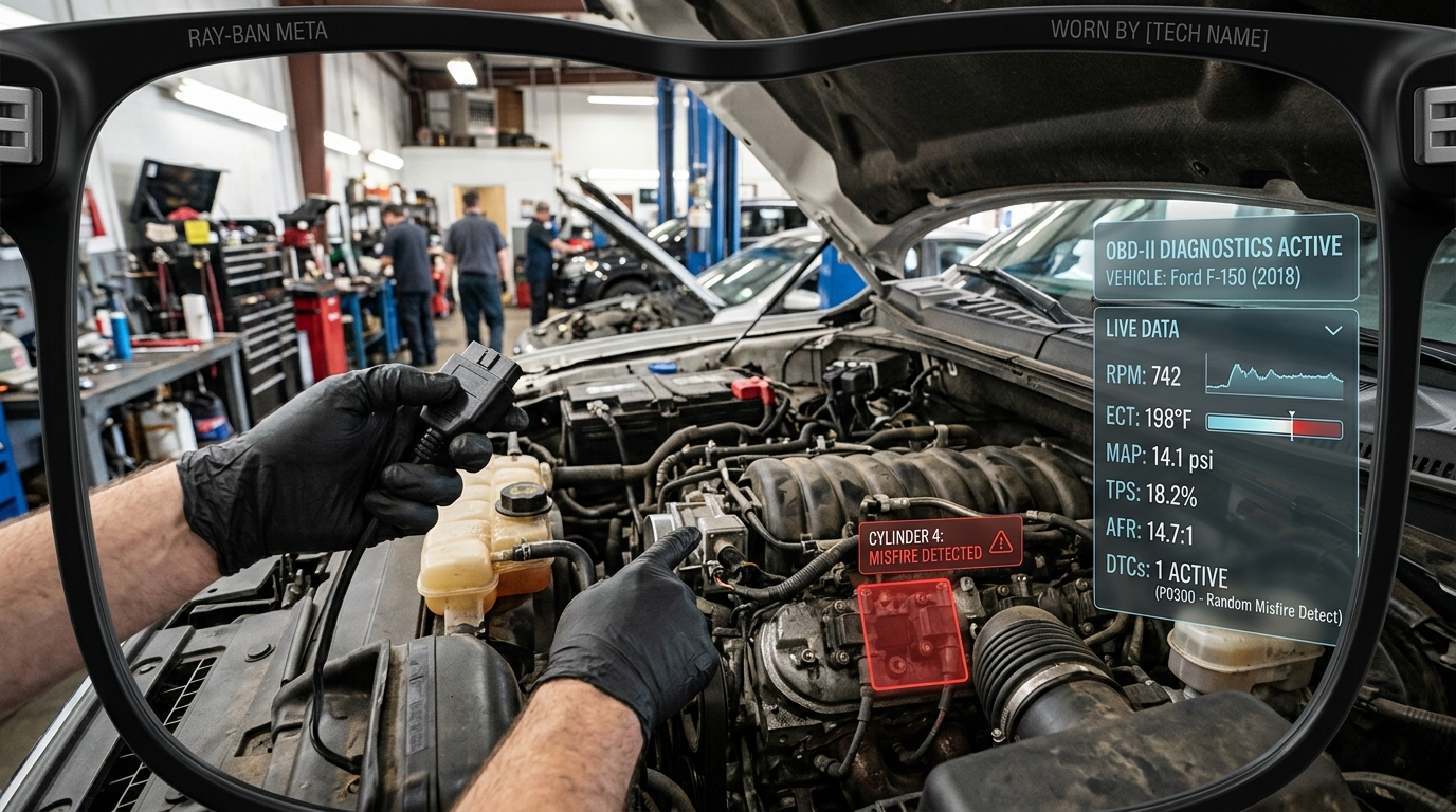 Concept art: auto mechanic with an AR engine-bay diagnostics overlay