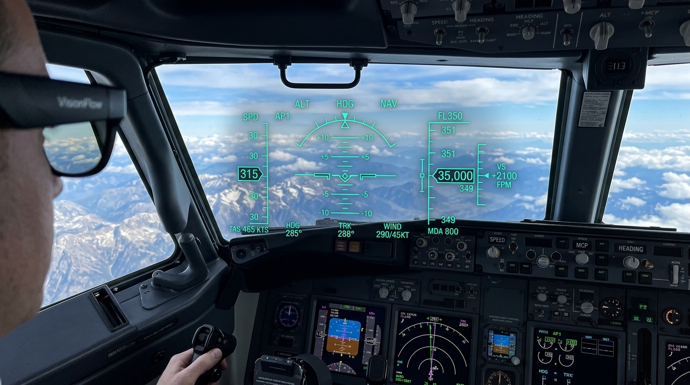 Concept art: airline pilot with a fabricated AR primary flight instrument overlay