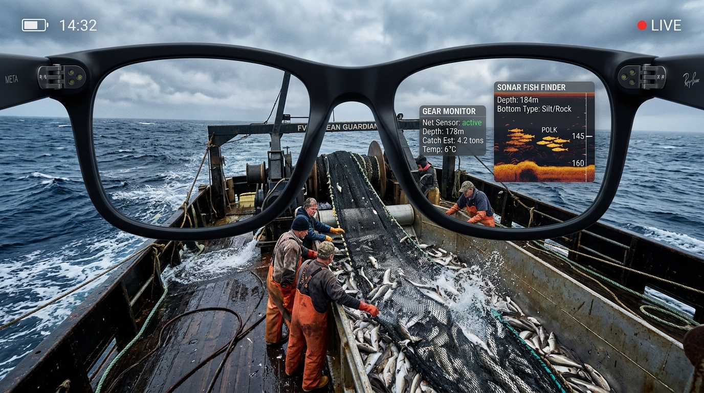Concept art: commercial fisher with an AR trawler HUD overlay