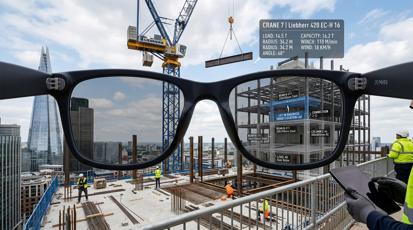 Concept art: construction site with a fabricated AR crane telemetry and 3D BIM overlay