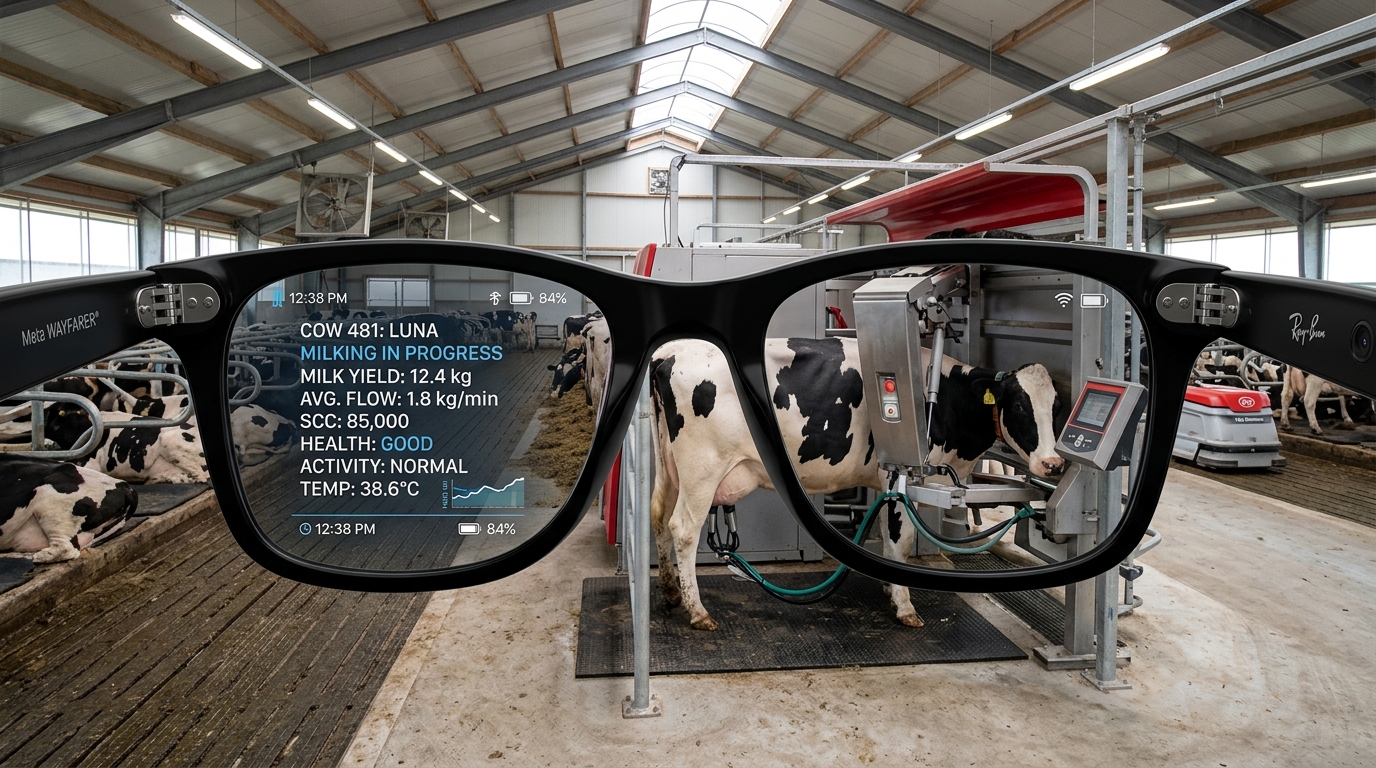 Concept art: dairy farmer with an AR milking-system overlay