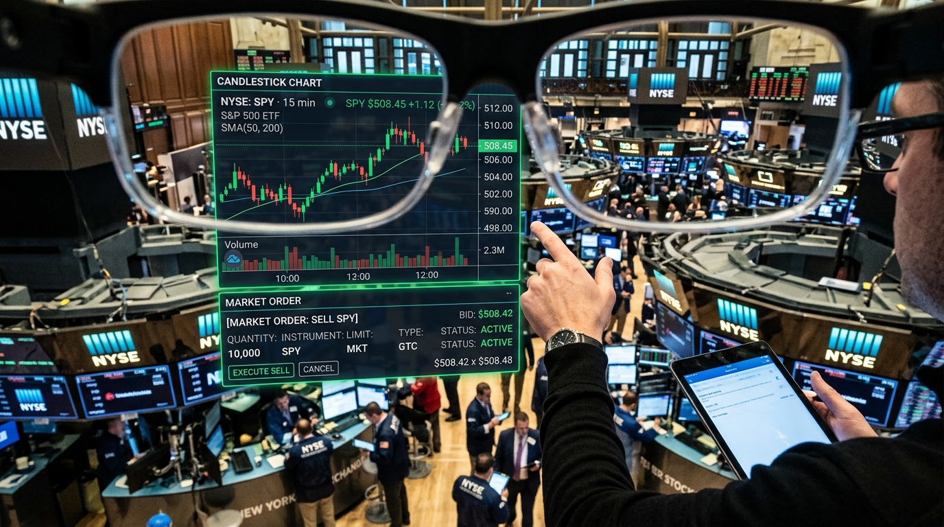 Concept art: trader with an AR overlay showing an active sell order for 10,000 shares