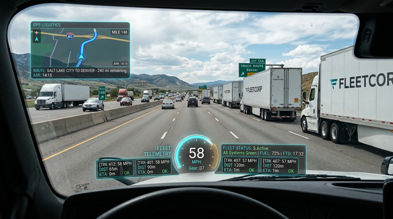 Concept art: truck driver with an AR multi-vehicle fleet telemetry overlay