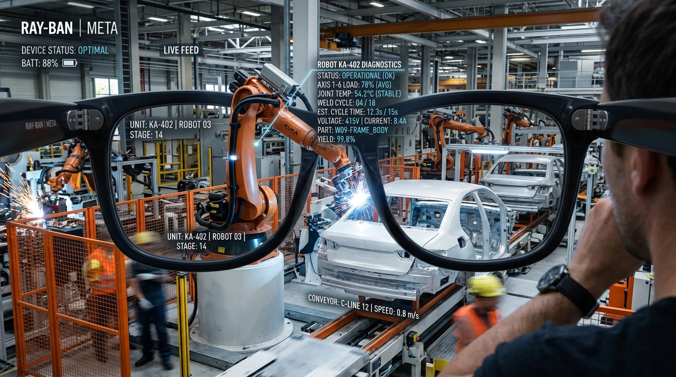Concept art: factory floor with an AR production-line overlay