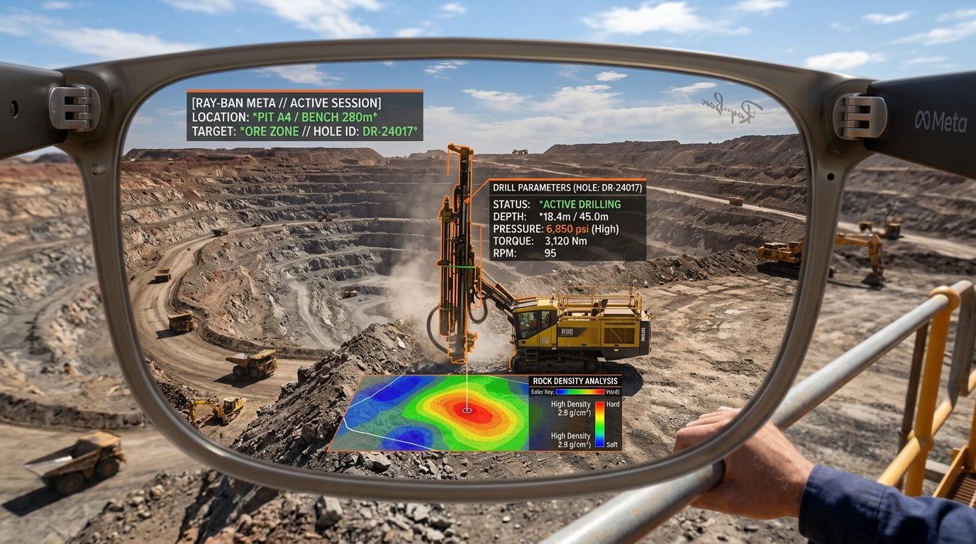 Concept art: mining site with a fabricated AR drill telemetry and rock-density overlay