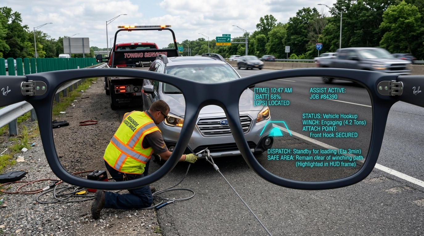 Concept art: tow truck operator with an AR roadside-assistance overlay
