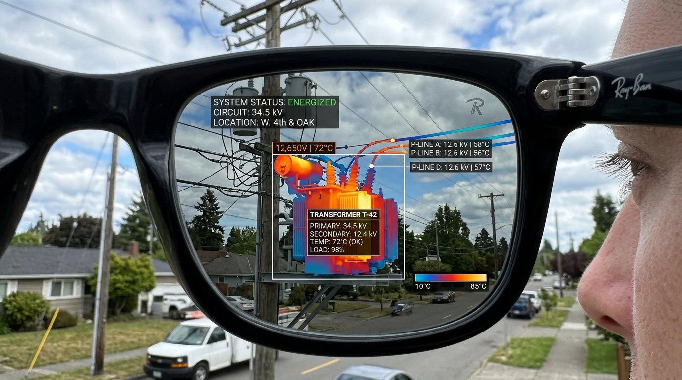 Concept art: utility worker with an AR power-grid overlay