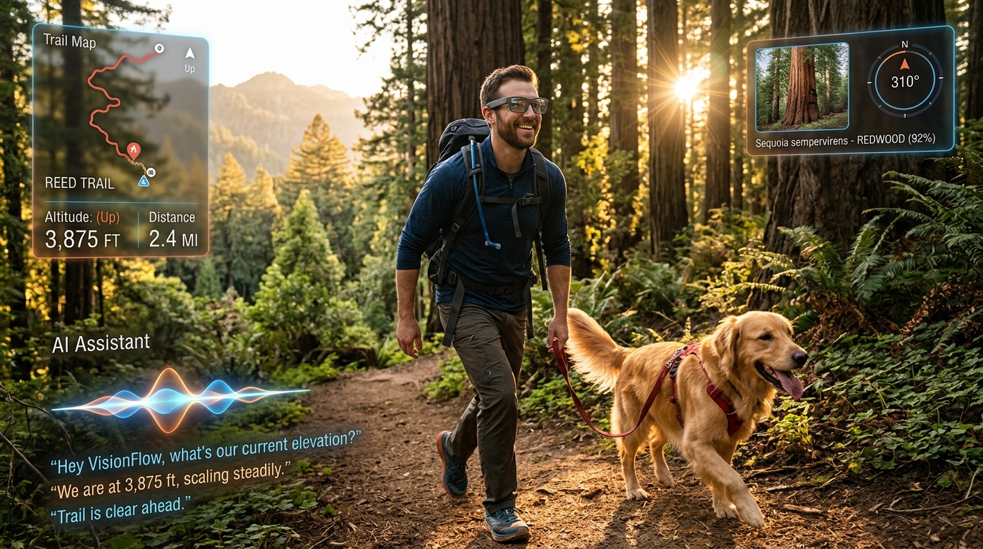 Concept art: hiker and dog with AI voice assistant trail overlay