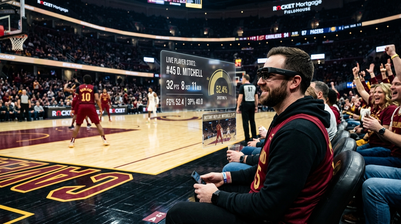 Concept art: fan at a basketball game with AR live-stats overlay