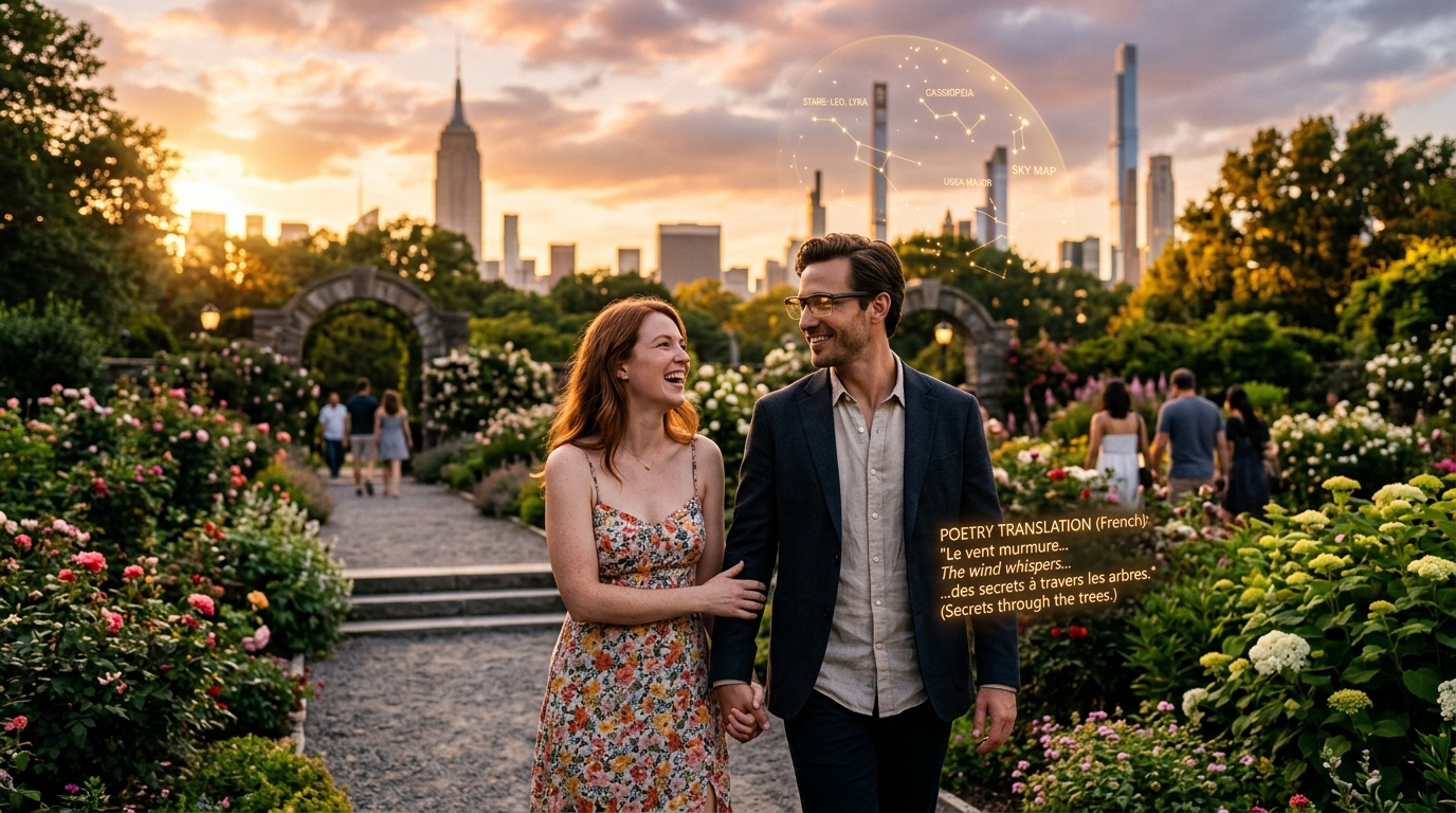 Concept art: couple walking with AR sky-map and translation overlay