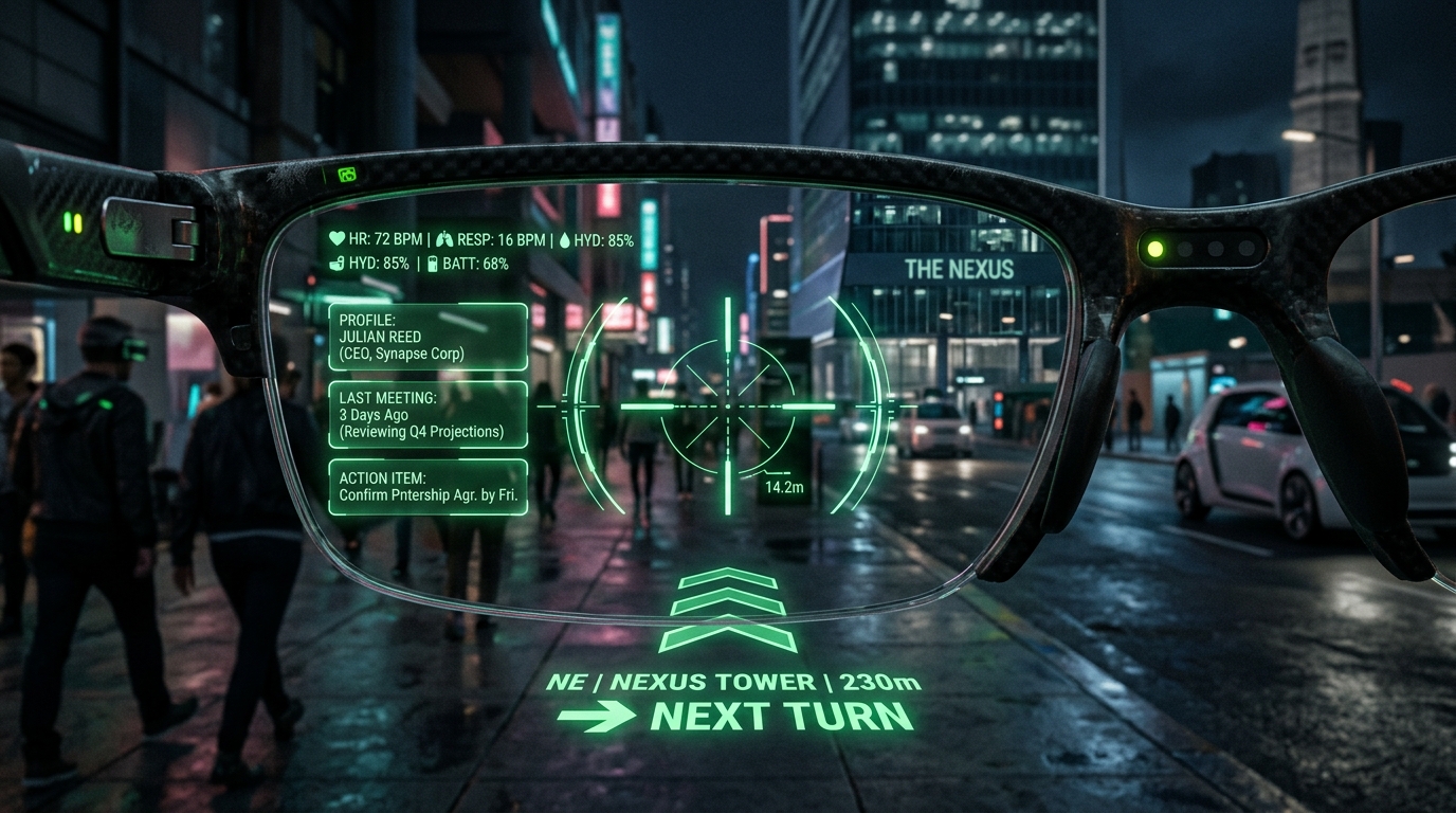 Concept art: night street scene with AR vitals, facial-recognition contact lookup, and navigation overlay