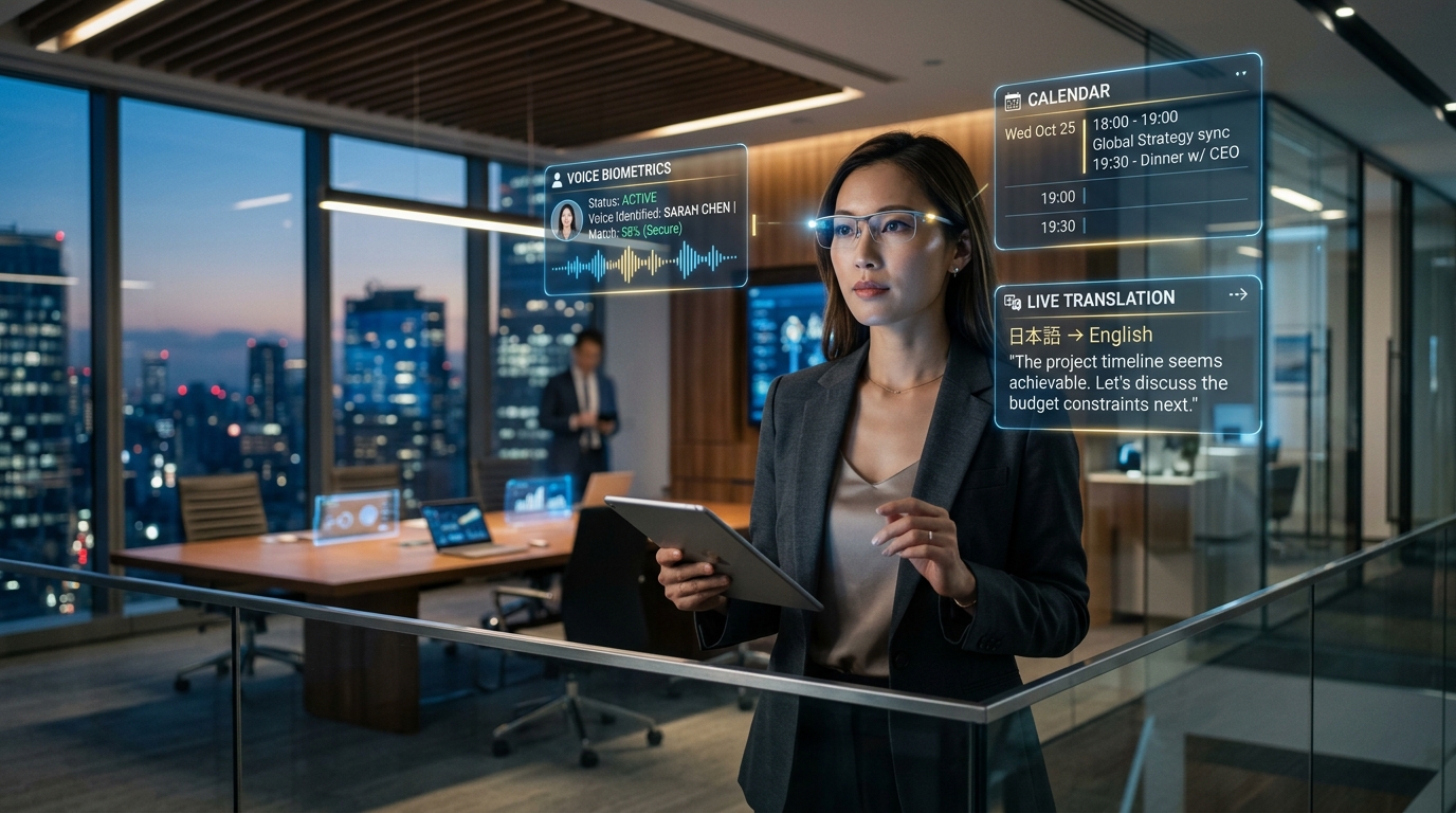 Concept art: executive with AR voice-biometrics, calendar, and live-translation overlay