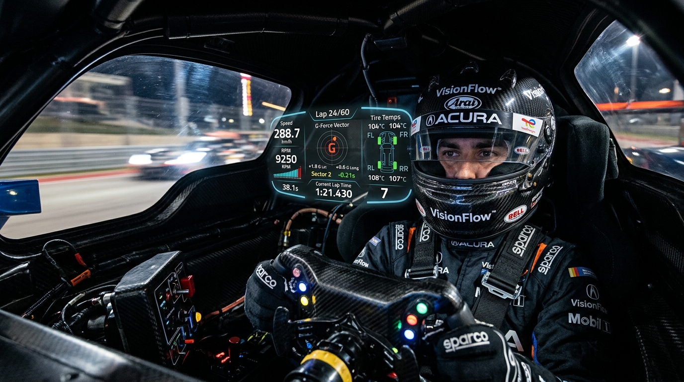 Concept art: race car driver with AR telemetry overlay