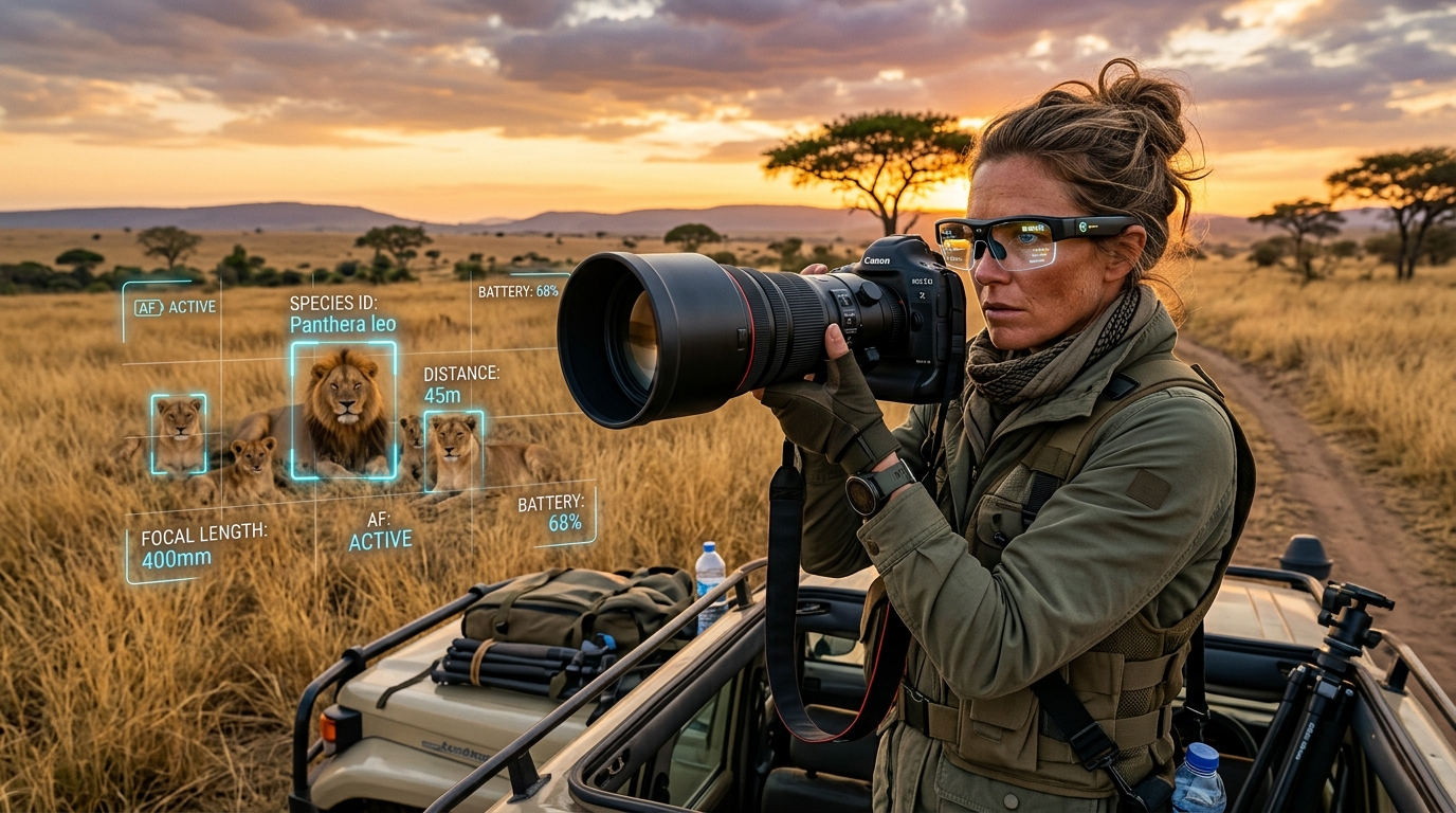 Concept art: wildlife photographer with AR species-ID overlay