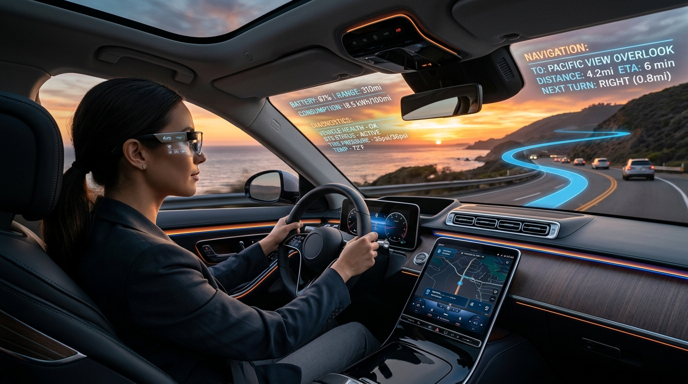 Concept art: driver with AR vehicle diagnostics including ABS status and tire pressure overlay