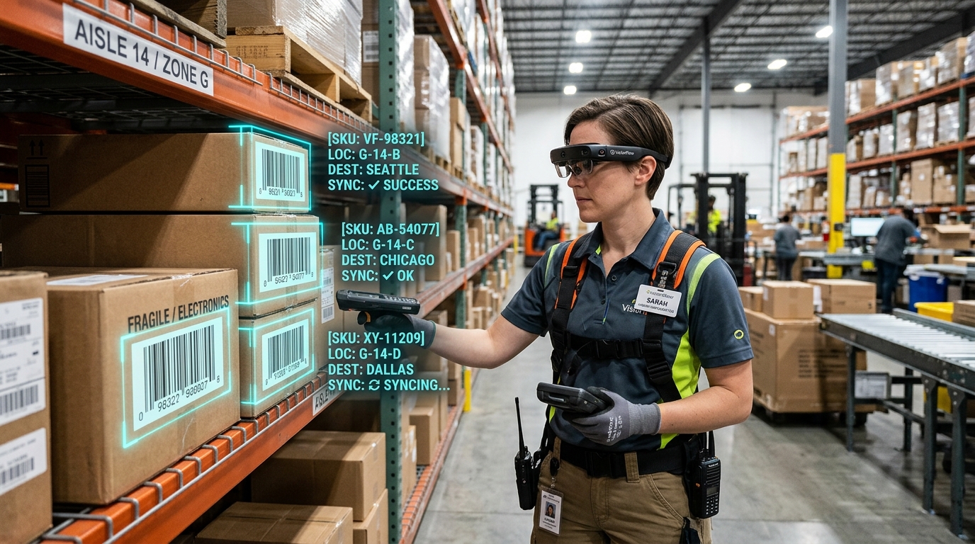 Concept art: warehouse worker with an alternate AR scanning overlay